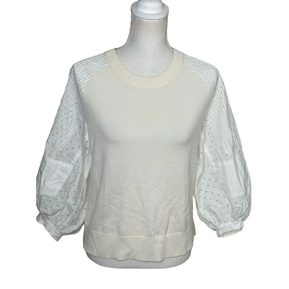 Akris Punto White Eyelet Puff Sleeves Virgin Wool Sweater Sz 2